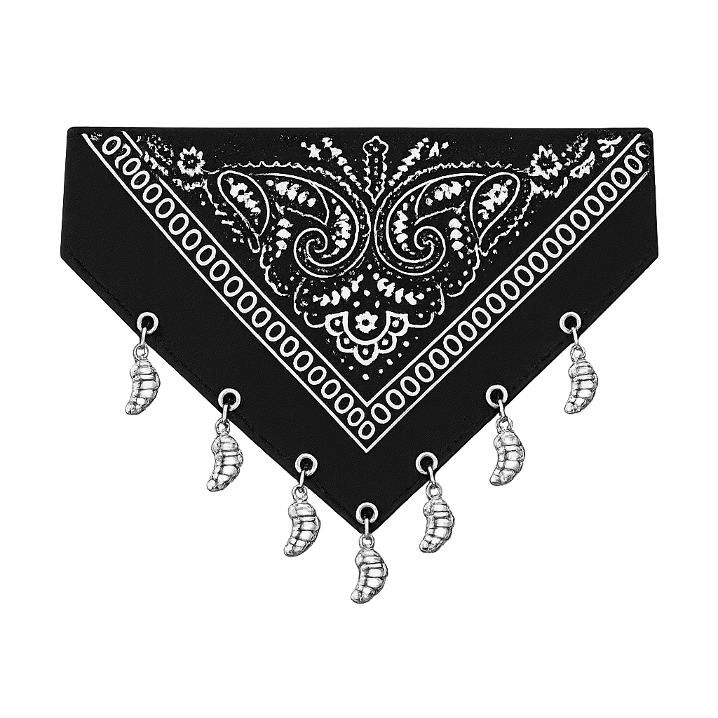 Close-up of silver croissant charms on a black paisley dog bandana