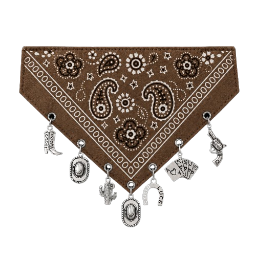 Close-up of Western-inspired charms on a Rodeo paisley dog bandana