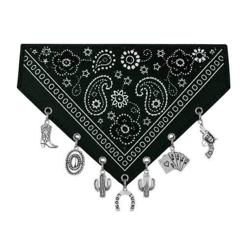 Close-up of silver cowboy-inspired charms on the Lucky Rodeo dog bandana