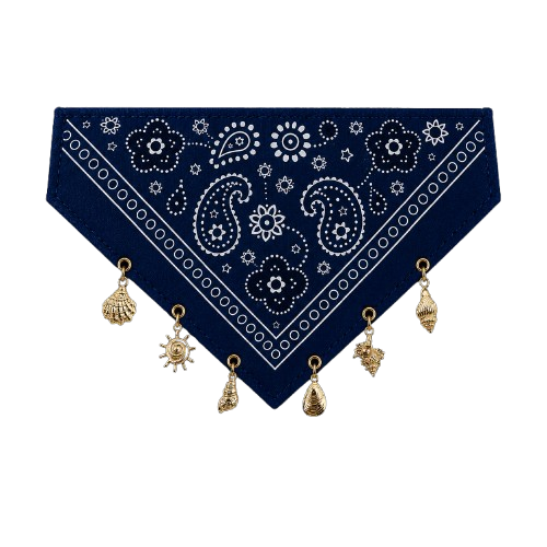 Close-up of golden seaside-inspired charms on the Riviera dog bandana
